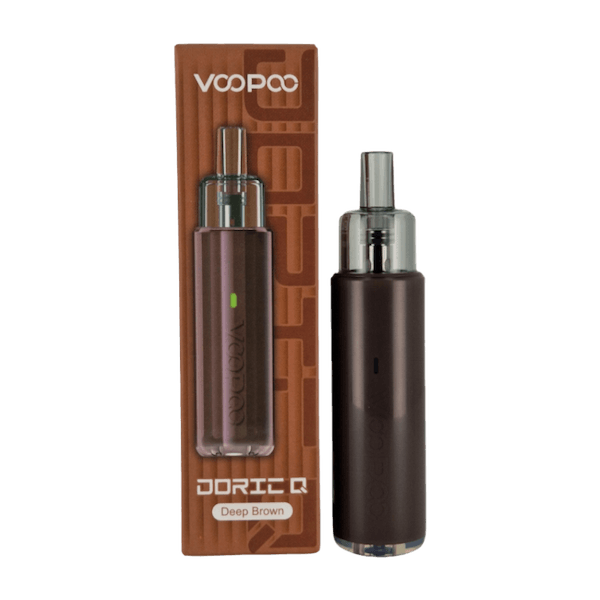 La imagen muestra un vaper recargable de color marrón de la marca Voopoo, concretamente el modelo Doric Q