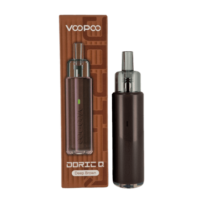 La imagen muestra un vaper recargable de color marrón de la marca Voopoo, concretamente el modelo Doric Q