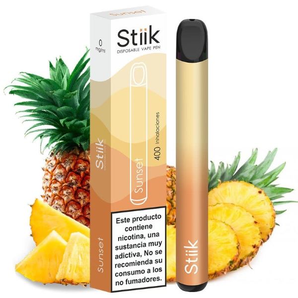 La imagen muestra un vaper desechable, de la marca Stiik, con una capacidad de 400 inhalaciones y del sabor Sunset, que equivale a la piña