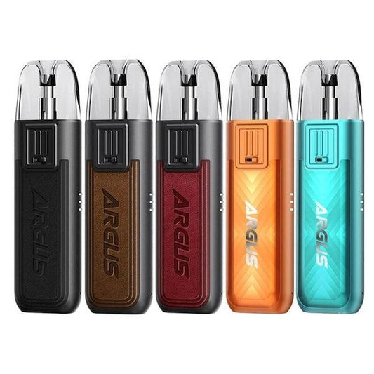 La imagen muestra 5 pods recargables, el modelo argus pod se, de la marca voopoo concretamente y de 5 colores distintos