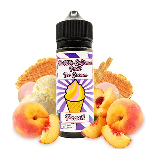 Líquido para vapear de100ml, sin nicotina, de la marca Bubble Custard Fruit Ice Cream y sabor Peach. Este líquido no contiene nicotina