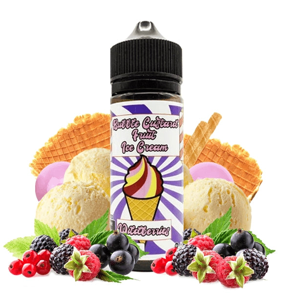 Líquido para vapear de100ml, sin nicotina, de la marca Bubble Custard Fruit Ice Cream y sabor Wildberries. Este líquido no contiene nicotina