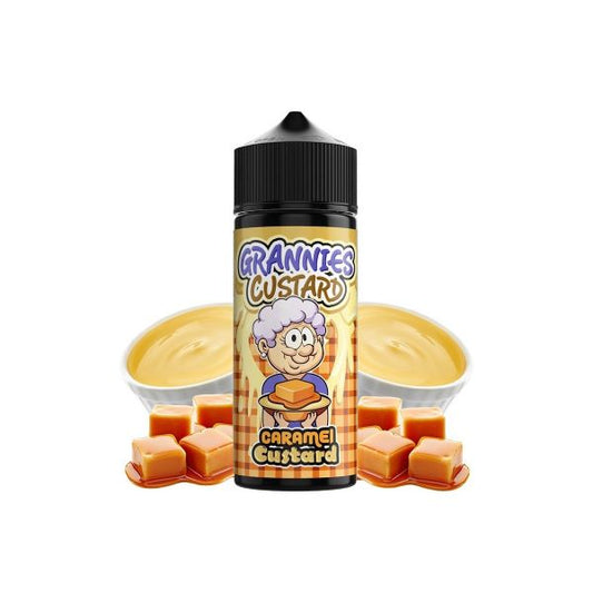 La imagen muestra un líquido de vapeo que contiene 100ml de e-líquido y 120 de capacidad, de sabor caramel custard, vainilla y caramelo, de la marca Grannies Custard