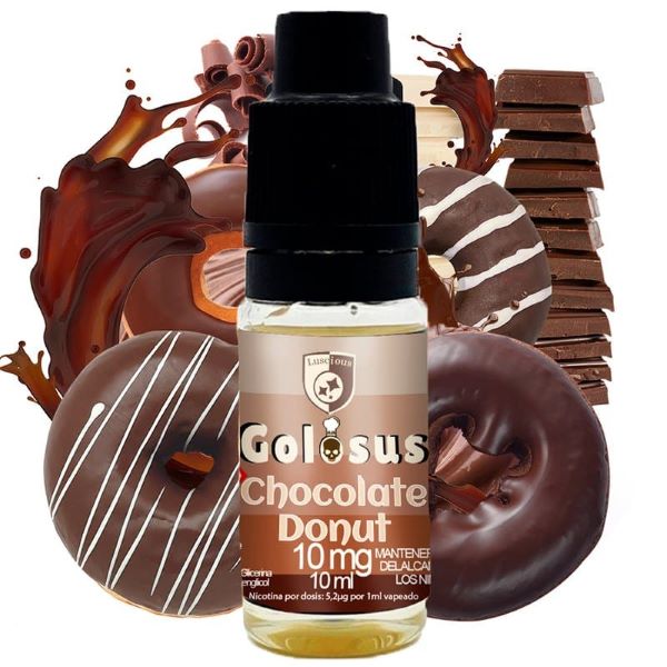 La imagen muestra 10ml de sales de nicotina para vapeo, de sabor Chocolate Donut, de la marca Golosus