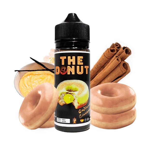 La imagen muestra un líquido para vapear de 100ml, con capacidad de 120ml, de sabor Custard cinnamon, compuesto por donut, canela y vainilla, de la marca The Donut 