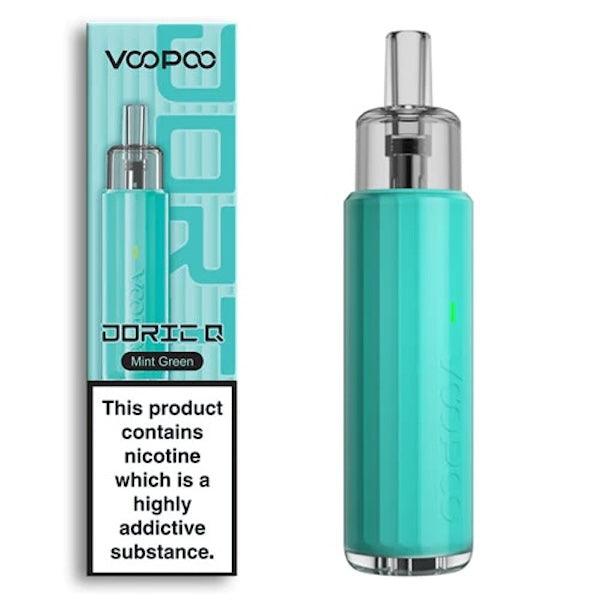 La imagen muestra el pod recargable Doric Q, de la marca Voopoo, con su caja de embalaje y el dispostivo, de color Mint green