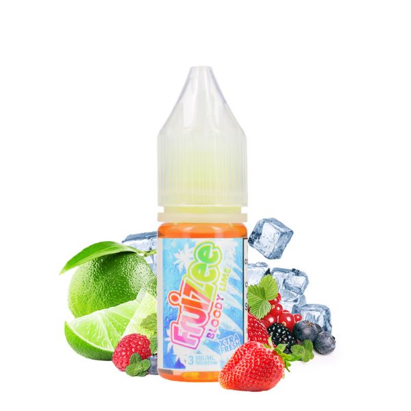 La imagen muestra 10ml de sales de nicotina para vapeo, bloody lime de sabor fresas con frutas silvestres, lima y hielo de la marca Fruizee 