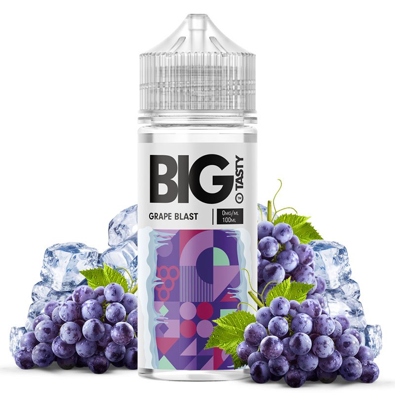 Líquido para vapear de100ml, sin nicotina, de la marca Big Tasty y sabor Grape Blast. Este líquido no contiene nicotina