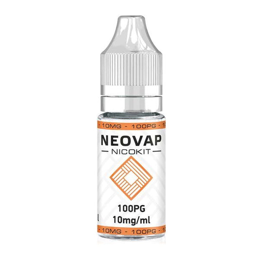 La imagen muestra un nicokit de vapeo, de la marca NeoVap, de una capacidad de 2ml, con una concentración de 10mg/ml de nicotina y formulado 100% de Propilenglicol (PG)