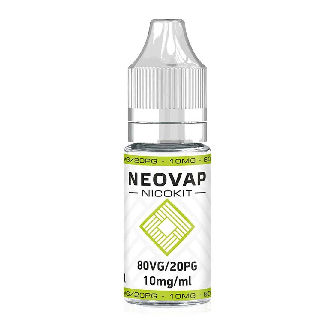 La imagen muestra un nicokit de vapeo, de la marca NeoVap, de una capacidad de 2ml, con una concentración de 10mg/ml de nicotina y formulado con un 80VG/20PG