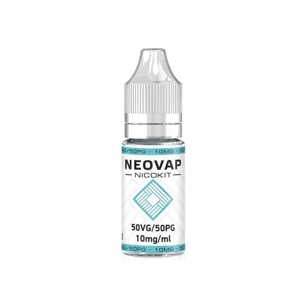 La imagen muestra un nicokit de vapeo, de la marca NeoVap, de una capacidad de 2ml, con una concentración de 10mg/ml de nicotina y formulado con un 50VG/50PG