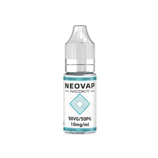 La imagen muestra un nicokit de vapeo, de la marca NeoVap, de una capacidad de 2ml, con una concentración de 10mg/ml de nicotina y formulado con un 50VG/50PG