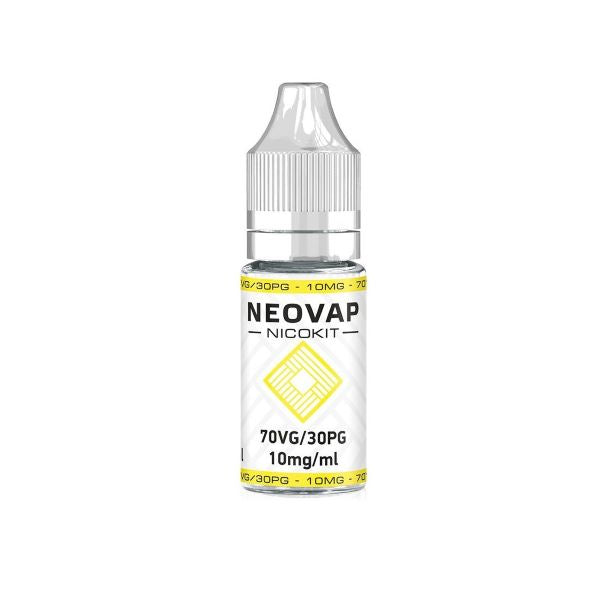 La imagen muestra un nicokit de vapeo, de la marca NeoVap, de una capacidad de 2ml, con una concentración de 10mg/ml de nicotina y formulado con un 70VG/30PG