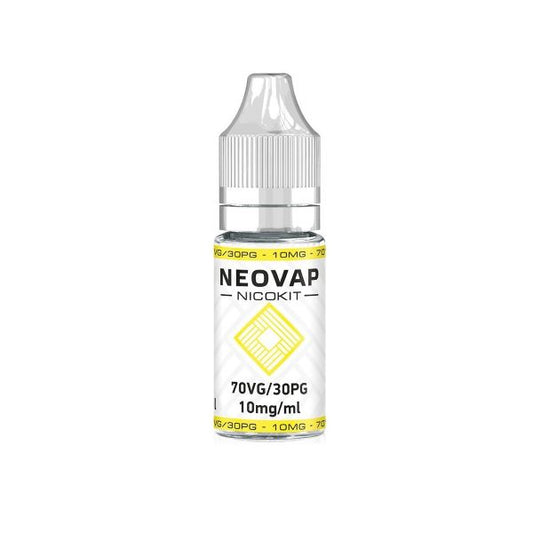 La imagen muestra un nicokit de vapeo, de la marca NeoVap, de una capacidad de 2ml, con una concentración de 10mg/ml de nicotina y formulado con un 70VG/30PG