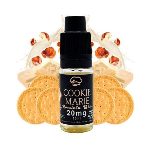 La imagen muestra 10ml de sales de nicotina para vaper, de la marca Cookie marie, con concentración de 20mg/ml de nicotina y de sabor galletas maria con chocolate blanco y avellanas