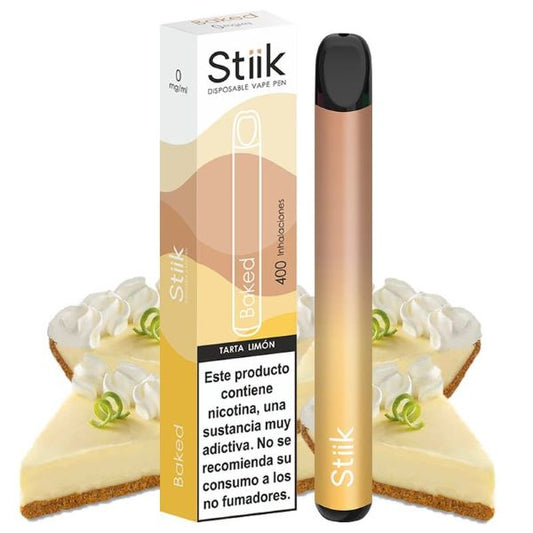 La imagen muestra un vaper desechable, de la marca Stiik, con una capacidad de 400 inhalaciones y del sabor Baked, que equivale a la tarta de limón