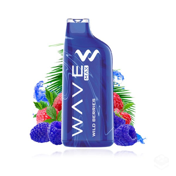 La imagen muestra un vaper/pod desechable Wave Max, de 8000 caladas con sabor a Wildberries de la marca BudVape