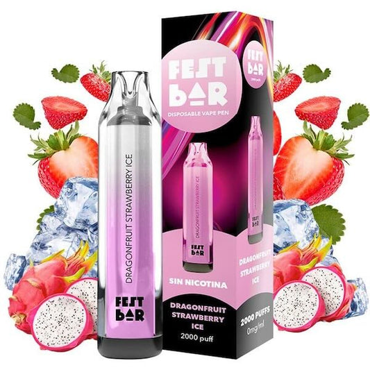 Vaper desechable Fest bar, sin nicotina, de 2000 caladas, de sabor dragonfruit strawberry ice