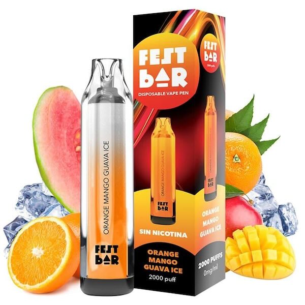 Vaper desechable de la marca fest bar, sin nicotina y 2000 caladas, sabor orange mango guava ice