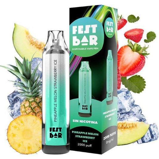 Vaper desechable Fest bar, sin nicotna y con 2000 caladas, de sabor Pineapple Melon Strawberry