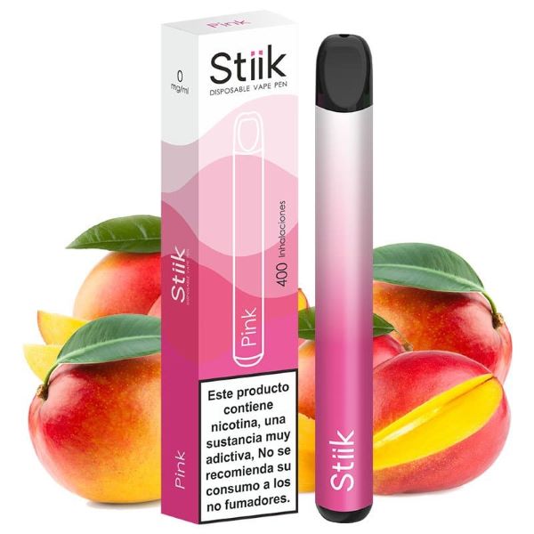 La imagen muestra un vaper desechable, de la marca Stiik, con una capacidad de 400 inhalaciones y del sabor Pink, que equivale al melocotón