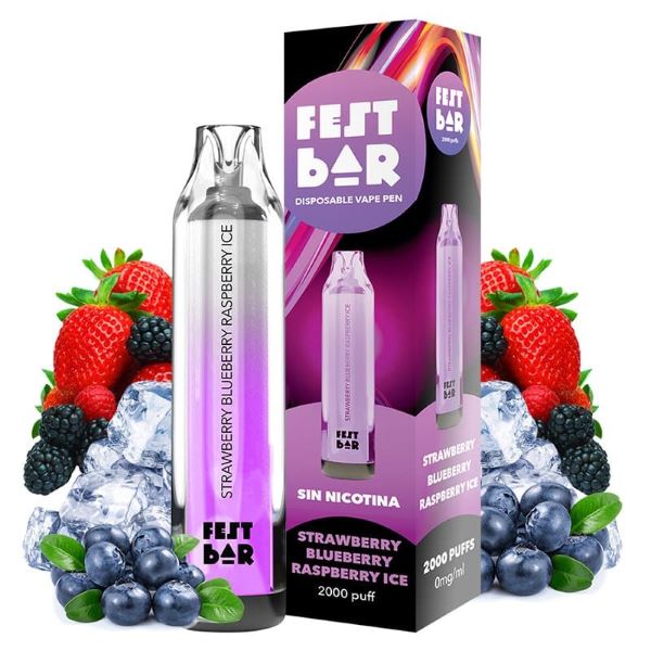 Vaper desechable de la marca Fest Bar, sin nicotina, 2000 caladas y sabor Strawberry Blueberry Raspberry Ice