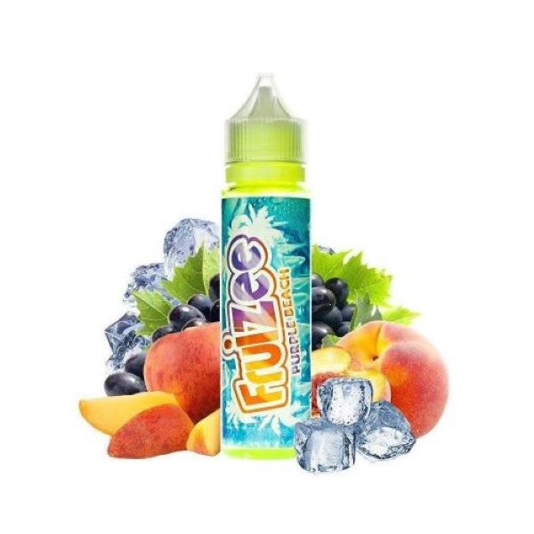 La imagen muestra 50ml de líquido para vaper, de sabor purple beach, que es melocotón con hielo, menta, frutas del bosque y hielo, de la marca fruizee