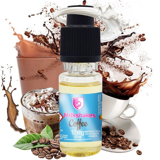 La imagen muestra 10ml de sales de nicotina para vaper, de sabor coffee de la marca milkshakes, con una concentración de 10mg/ml de nicotina