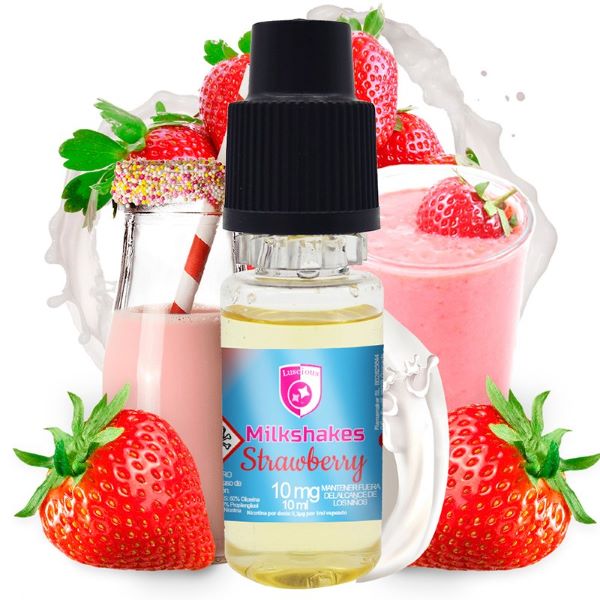 La imagen muestra 10ml de sales de nicotina para vaper, de sabor strawberry de la marca milkshakes, con una concentración de 10mg/ml de nicotina