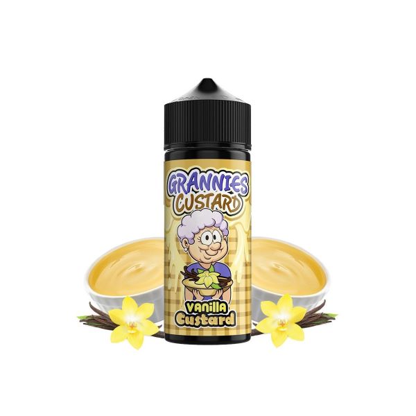 La imagen muestra un líquido de vapeo que contiene 100ml de e-líquido y 120 de capacidad, de sabor vanilla custard de la marca Grannies Custard