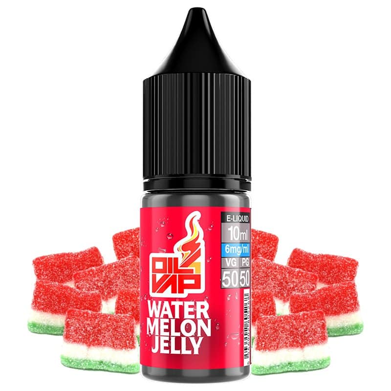 Líquido para vapear de 10ml, con una concentración de 6mg/ml de nicotina y 50VG/50PG, de la marca Oil4Vap y sabor Water Melon Jelly